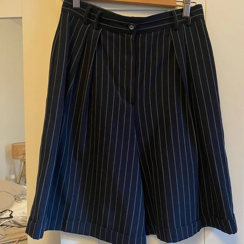Navy Pinstripe Pleated Shorts - Picture 1 of 3